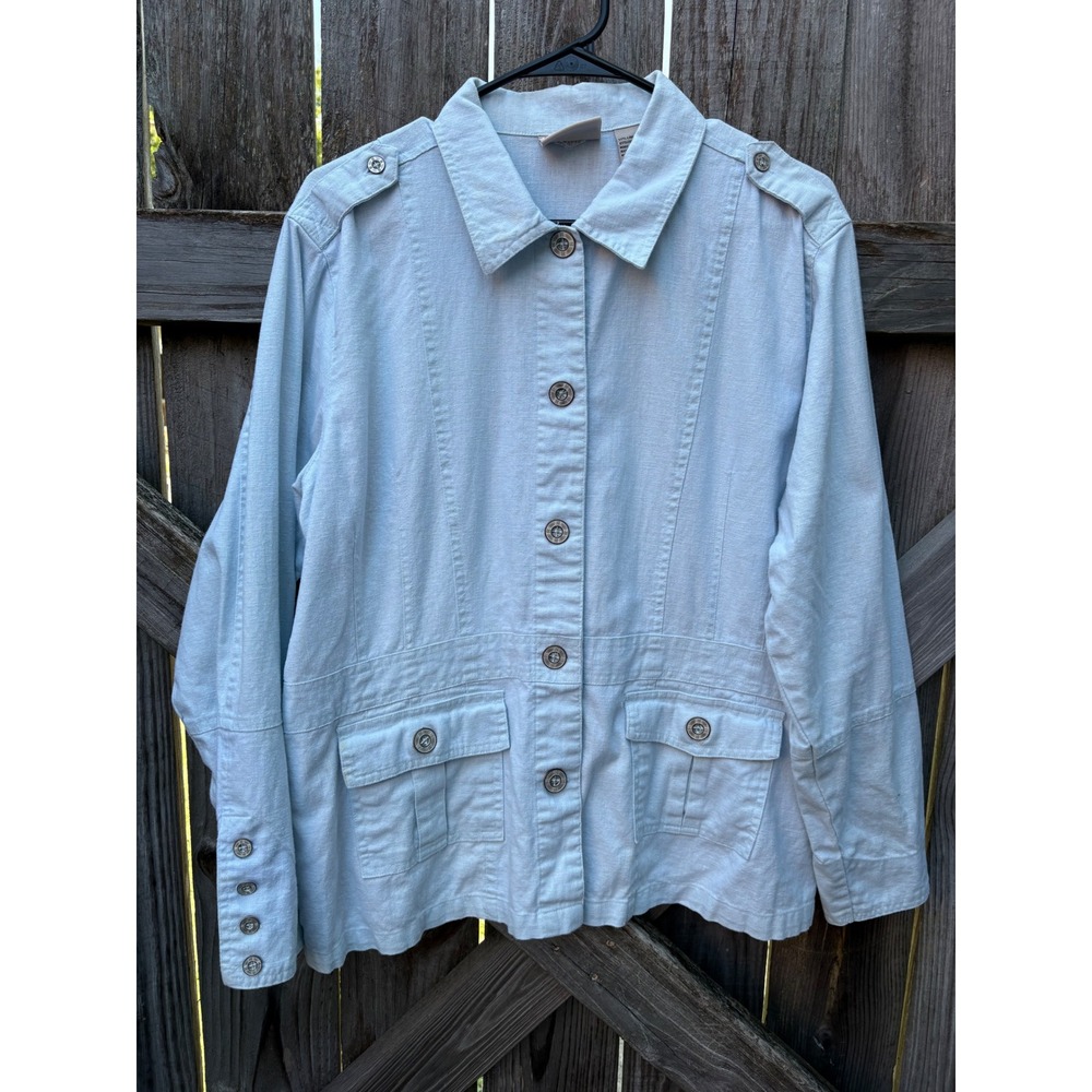 VTG Bill Blass Jeanswear Light Blue Linen Cotton Utility Jacket Petite Large PL